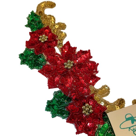 Handmade Sequin Magic Poinsettia Collar and Heart Note, Stars and Leaf Gold Red - Picture 3 of 12